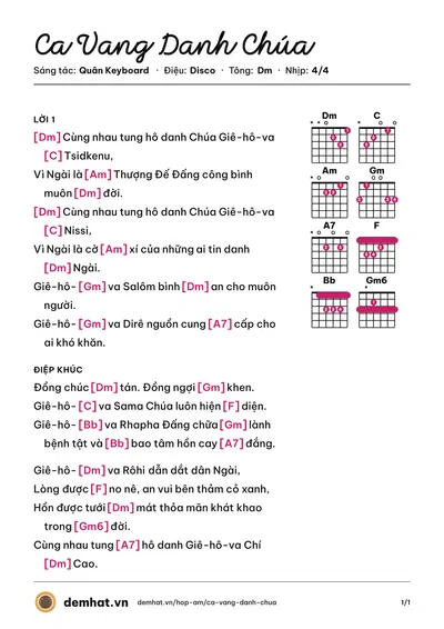 Hợp âm Ca Vang Danh Chúa (Tốp Ca) – bản nhạc PDF trang 1, tông Dm