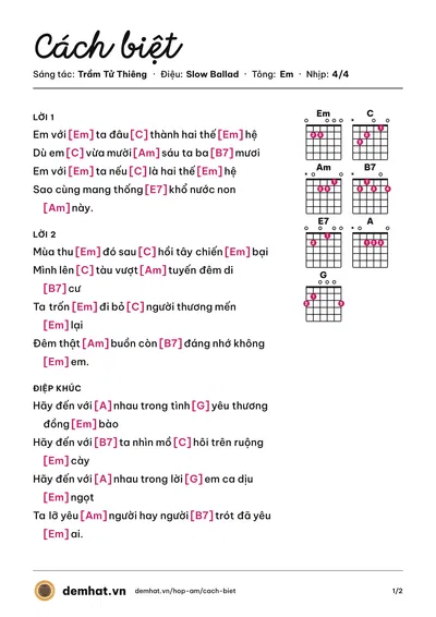 Hợp âm Cách biệt (Đặng Thế Luân) – bản nhạc PDF trang 1, tông Em