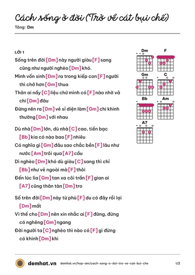 Hợp âm Cách sống ở đời (Trở về cát bụi chế) (Ngọc Ánh Sáng) – bản nhạc PDF trang 1, tông Dm