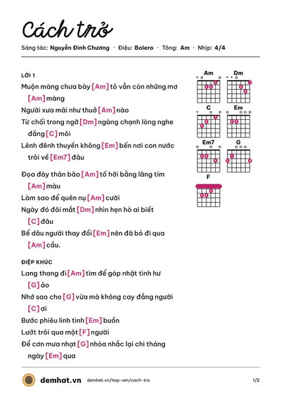 Hợp âm Cách trở (Nguyễn Đình Chương) – bản nhạc PDF trang 1, tông Am