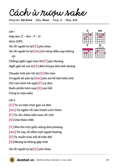 Hợp âm Cách ủ rượu sake (Uyên Pím) – bản nhạc PDF trang 1, tông C