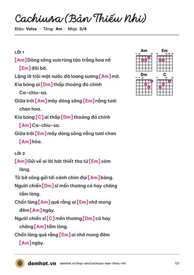 Hợp âm Cachiusa (Bản Thiếu Nhi) (Bích Việt) – bản nhạc PDF trang 1, tông Am