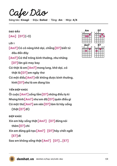 Hợp âm Cafe Dão (Kinagii) – bản nhạc PDF trang 1, tông Am