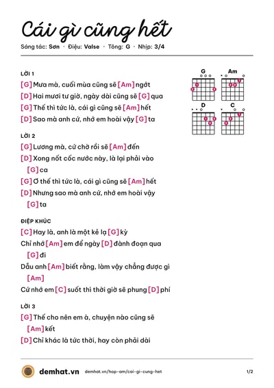 Hợp âm Cái gì cũng hết (Sơn Võ) – bản nhạc PDF trang 1, tông G
