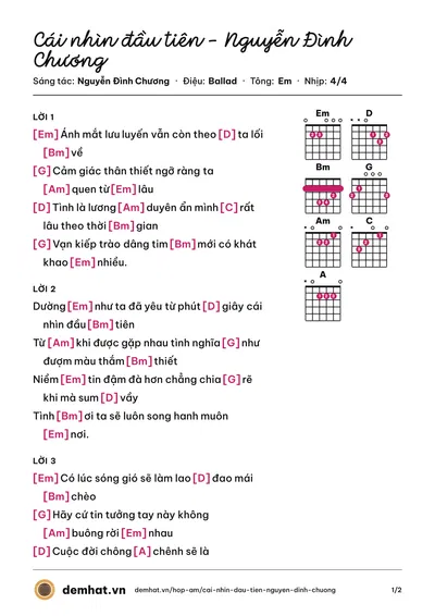 Hợp âm Cái nhìn đầu tiên - Nguyễn Đình Chương (Nguyễn Đình Chương) – bản nhạc PDF trang 1, tông Em
