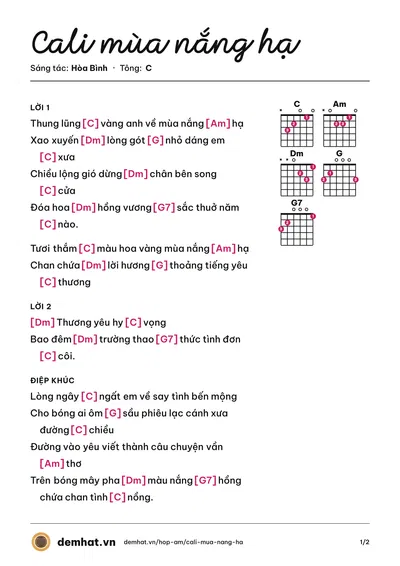Hợp âm Cali mùa nắng hạ (Quốc Duy) – bản nhạc PDF trang 1, tông C