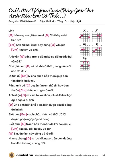 Hợp âm Call Me If You Can (Hãy Gọi Cho Anh Nếu Em Có Thể...) (Marr D) – bản nhạc PDF trang 1, tông G