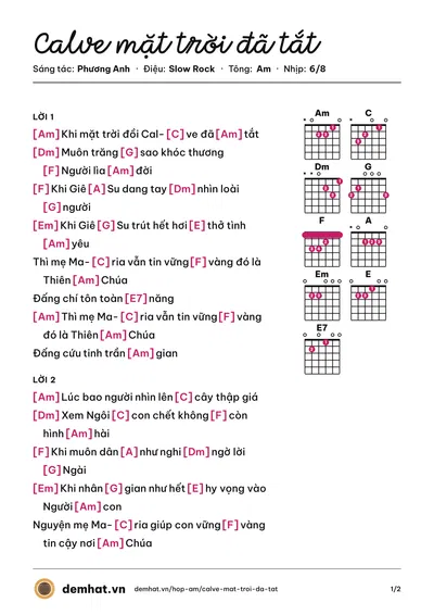 Hợp âm Calve mặt trời đã tắt (Phương Anh) – bản nhạc PDF trang 1, tông Am