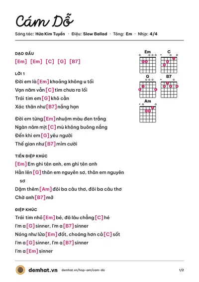 Hợp âm Cám Dỗ (Lady Mây) – bản nhạc PDF trang 1, tông Em