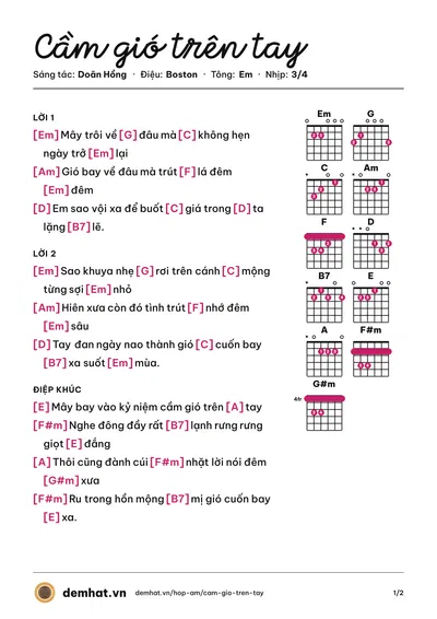 Hợp âm Cầm gió trên tay (Doãn Hồng) – bản nhạc PDF trang 1, tông Em