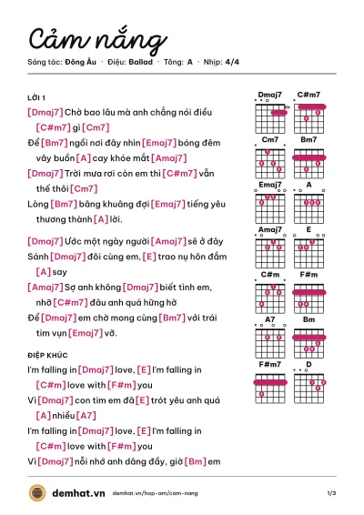 Hợp âm Cảm nắng (Suni Hạ Linh) – bản nhạc PDF trang 1, tông A