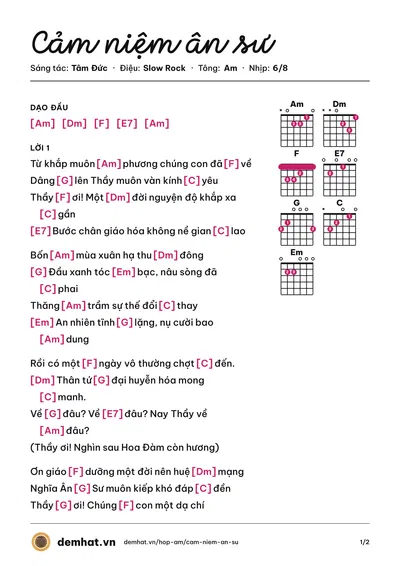 Hợp âm Cảm niệm ân sư (Chế Linh) – bản nhạc PDF trang 1, tông Am