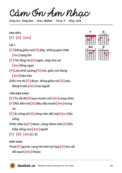 Hợp âm Cảm Ơn Âm Nhạc (Nhóm Quả Dưa Hấu) – bản nhạc PDF trang 1, tông F