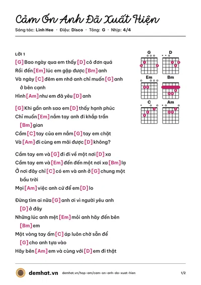 Hợp âm Cảm Ơn Anh Đã Xuất Hiện (Thùy Trang) – bản nhạc PDF trang 1, tông G