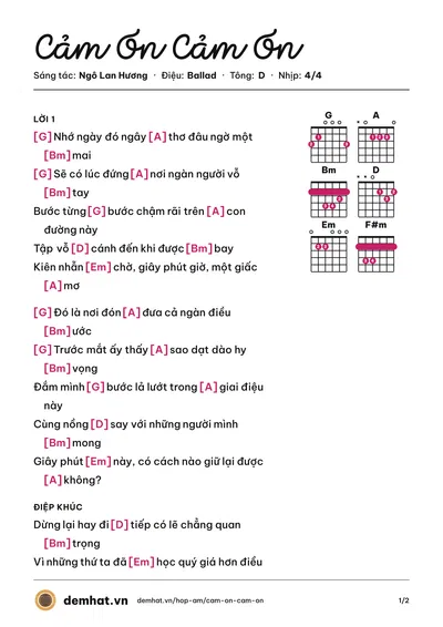 Hợp âm Cảm Ơn Cảm Ơn (Ngô Lan Hương) – bản nhạc PDF trang 1, tông D