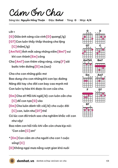 Hợp âm Cám Ơn Cha (Hồ Ngọc Hà) – bản nhạc PDF trang 1, tông G