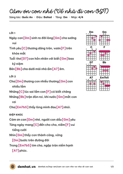 Hợp âm Cảm ơn con nhé (Về nhà đi con OST) (Văn Tứ Quý) – bản nhạc PDF trang 1, tông Dm