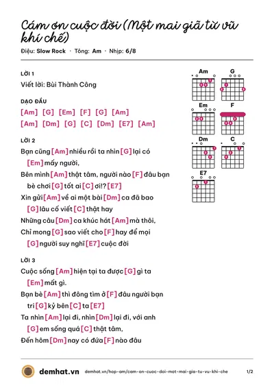 Hợp âm Cám ơn cuộc đời (Một mai giã từ vũ khí chế) (Ngọc Ánh Sáng) – bản nhạc PDF trang 1, tông Am