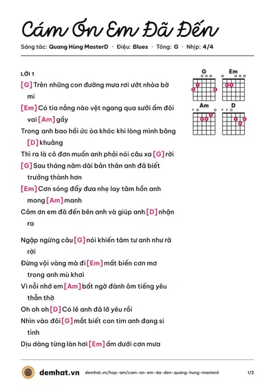 Hợp âm Cám Ơn Em Đã Đến (Quang Hùng MasterD) – bản nhạc PDF trang 1, tông G