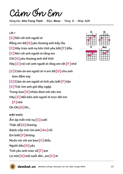 Hợp âm Cảm Ơn Em (Lam Trường) – bản nhạc PDF trang 1, tông C