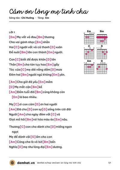 Hợp âm Cảm ơn lòng mẹ tình cha (Chí Hướng) – bản nhạc PDF trang 1, tông Em