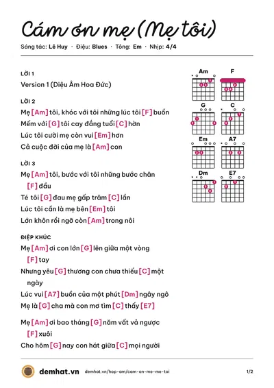 Hợp âm Cám ơn mẹ (Mẹ tôi) (Lê Huy) – bản nhạc PDF trang 1, tông Em