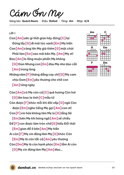 Hợp âm Cám Ơn Mẹ (Quách Beem) – bản nhạc PDF trang 1, tông Am