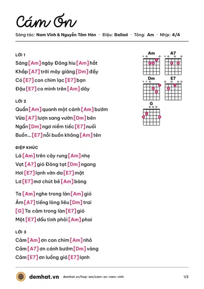 Hợp âm Cám Ơn (Quỳnh Hà) – bản nhạc PDF trang 1, tông Am