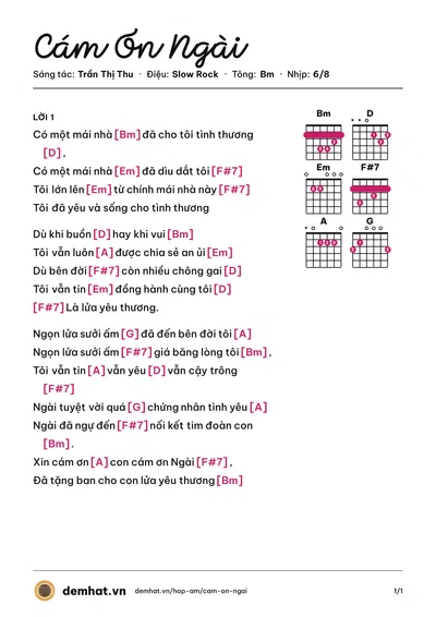 Hợp âm Cám Ơn Ngài (Trần Thị Thu) – bản nhạc PDF trang 1, tông Bm