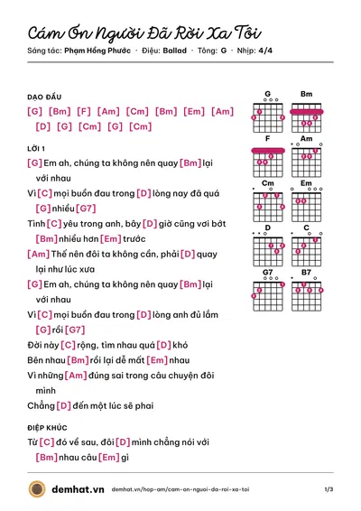 Hợp âm Cám Ơn Người Đã Rời Xa Tôi (Phạm Hồng Phước) – bản nhạc PDF trang 1, tông G