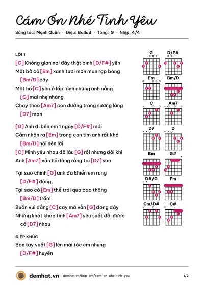 Hợp âm Cám Ơn Nhé Tình Yêu (Artista Band) – bản nhạc PDF trang 1, tông G
