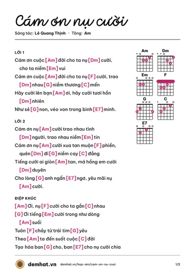 Hợp âm Cám ơn nụ cười (Lê Quang Thịnh) – bản nhạc PDF trang 1, tông Am