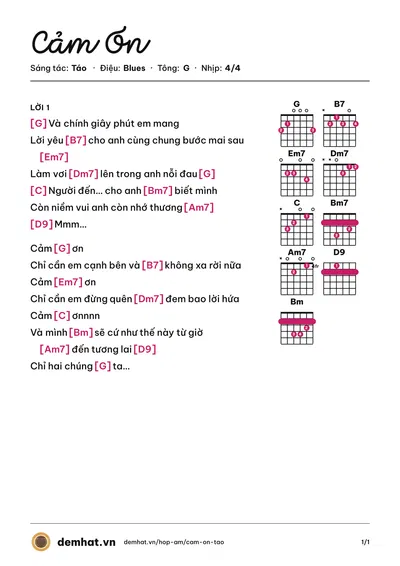 Hợp âm Cảm Ơn (Táo) – bản nhạc PDF trang 1, tông G