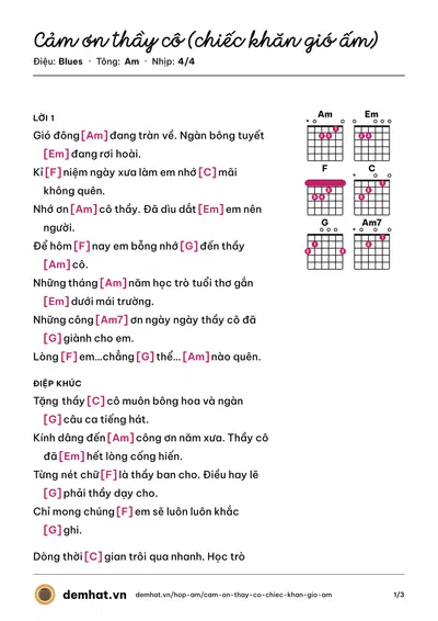 Hợp âm Cảm ơn thầy cô (chiếc khăn gió ấm) (Nguyễn Thị Yến Nhi) – bản nhạc PDF trang 1, tông Am