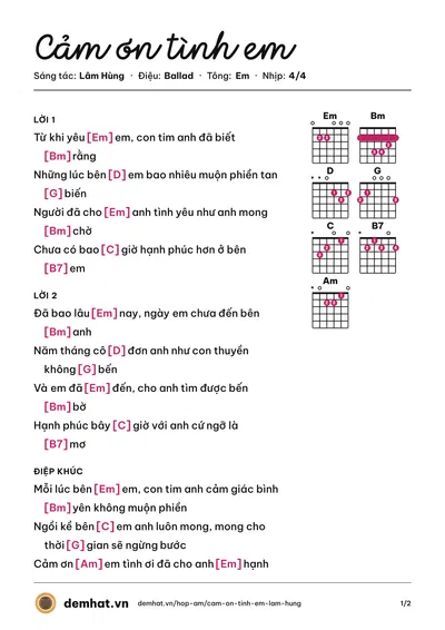 Hợp âm Cảm ơn tình em (Lâm Hùng) – bản nhạc PDF trang 1, tông Em