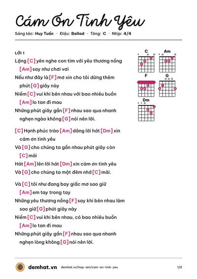 Hợp âm Cám Ơn Tình Yêu (Uyên Linh) – bản nhạc PDF trang 1, tông C