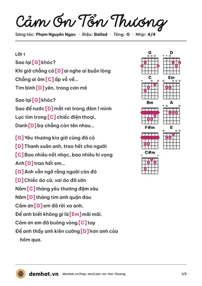 Hợp âm Cảm Ơn Tổn Thương (Phạm Nguyên Ngọc) – bản nhạc PDF trang 1, tông G