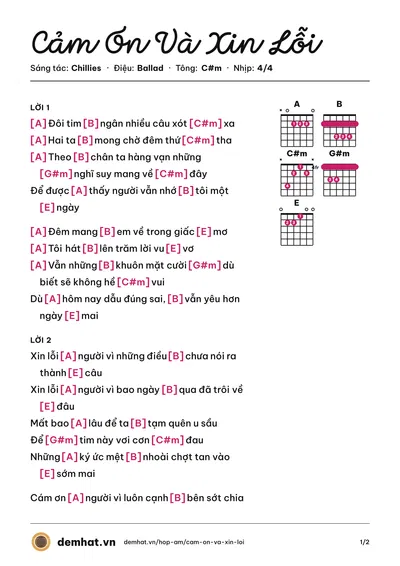 Hợp âm Cảm Ơn Và Xin Lỗi (Chillies) – bản nhạc PDF trang 1, tông C#m