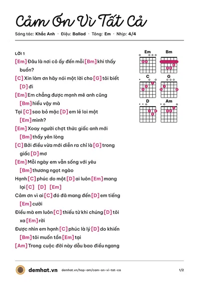 Hợp âm Cảm Ơn Vì Tất Cả (Anh Quân) – bản nhạc PDF trang 1, tông Em