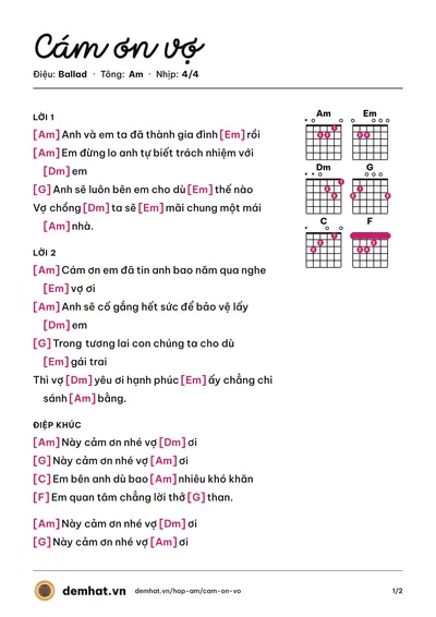 Hợp âm Cám ơn vợ (Kỳ Long) – bản nhạc PDF trang 1, tông Am