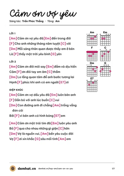 Hợp âm Cảm ơn vợ yêu (Trần Phúc Thắng) – bản nhạc PDF trang 1, tông Am