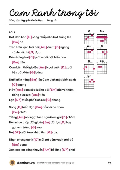 Hợp âm Cam Ranh trong tôi (Huyền Trang) – bản nhạc PDF trang 1, tông G