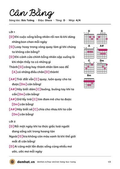 Hợp âm Cân Bằng (Bức Tường) – bản nhạc PDF trang 1, tông D