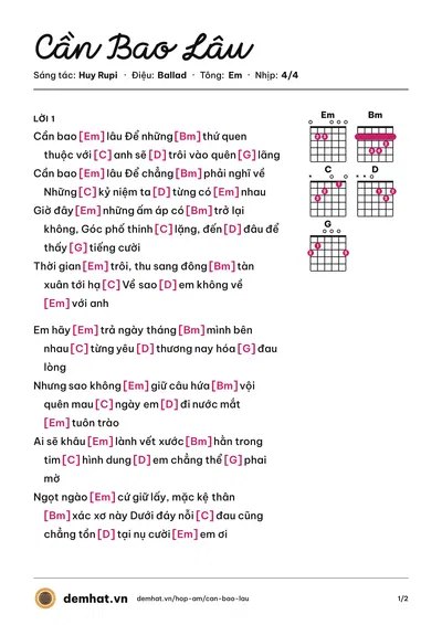 Hợp âm Cần Bao Lâu (Khoa Quân) – bản nhạc PDF trang 1, tông Em