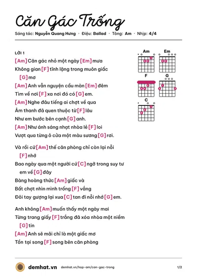 Hợp âm Căn Gác Trống (Trung Quân) – bản nhạc PDF trang 1, tông Am