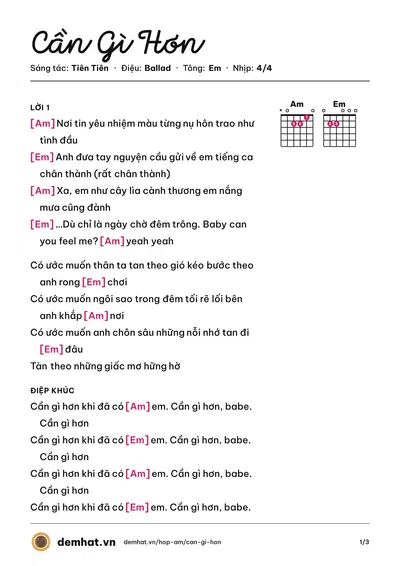 Hợp âm Cần Gì Hơn (Tiên Tiên) – bản nhạc PDF trang 1, tông Em