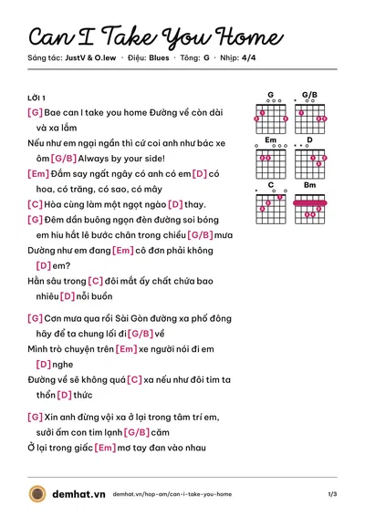 Hợp âm Can I Take You Home (O.lew) – bản nhạc PDF trang 1, tông G