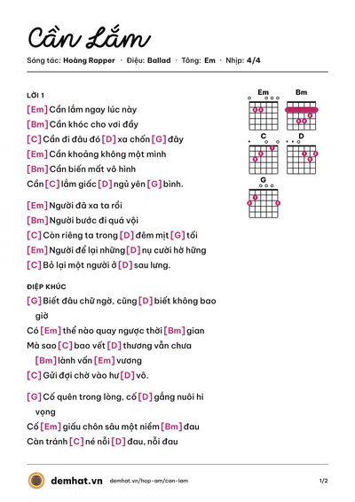 Hợp âm Cần Lắm (Trà My) – bản nhạc PDF trang 1, tông Em