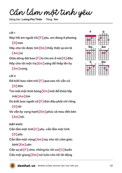 Hợp âm Cần lắm một tình yêu (Lương Phú Thiện) – bản nhạc PDF trang 1, tông Am