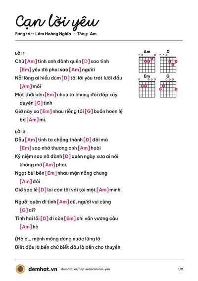 Hợp âm Cạn lời yêu (Ngọc Hân) – bản nhạc PDF trang 1, tông Am